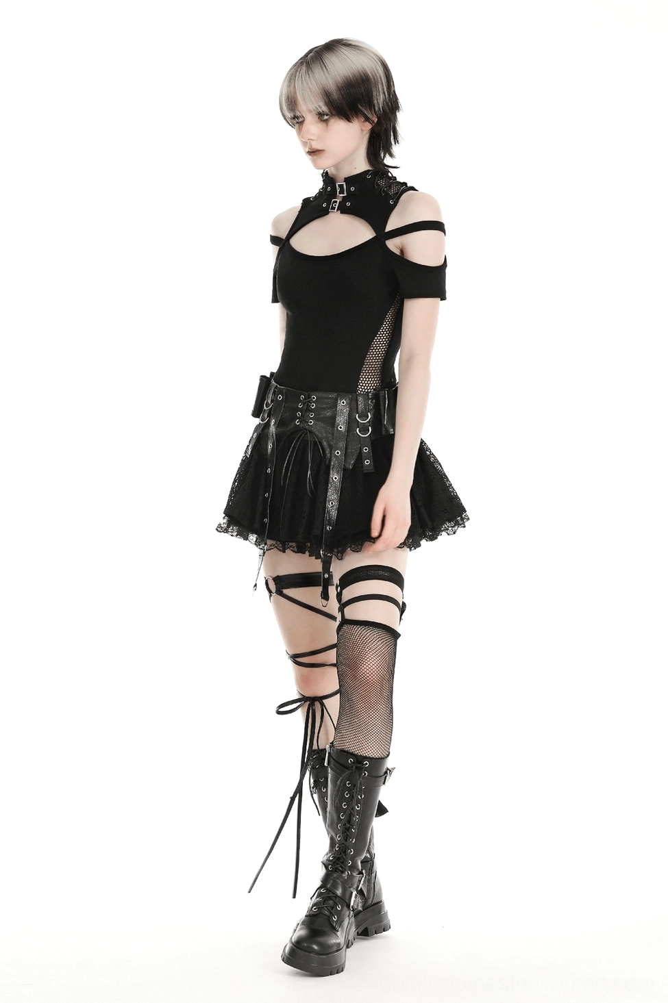Black faux leather corset straps with metal hardware and grommets on gothic lace mini skirt detail view