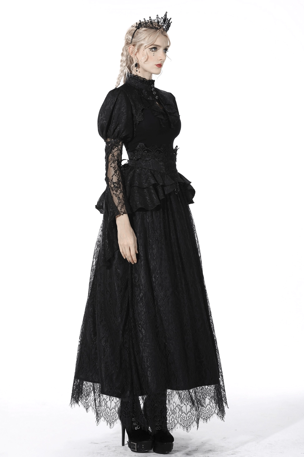 Black gothic lace maxi skirt worn with dark fashion styling and statement accessories