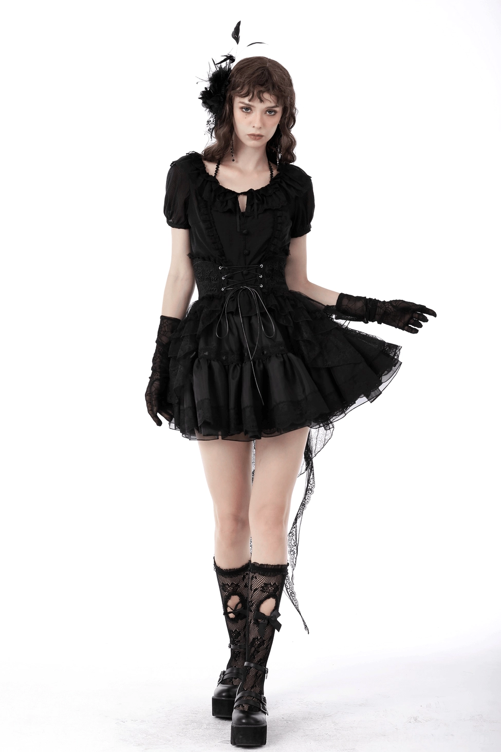 Black gothic high-low lace skirt with detachable tail attached showcasing full dramatic silhouette