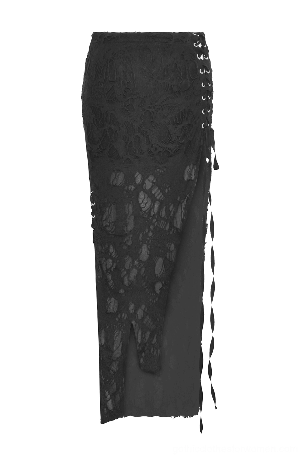 Black gothic lace skirt flat lay side view showing distressed lace overlay and side lace straps construction