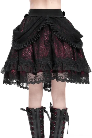 Gothic layered lace skirt with dramatic ruffles and scalloped hem, black outer lace with crimson inner layer visible