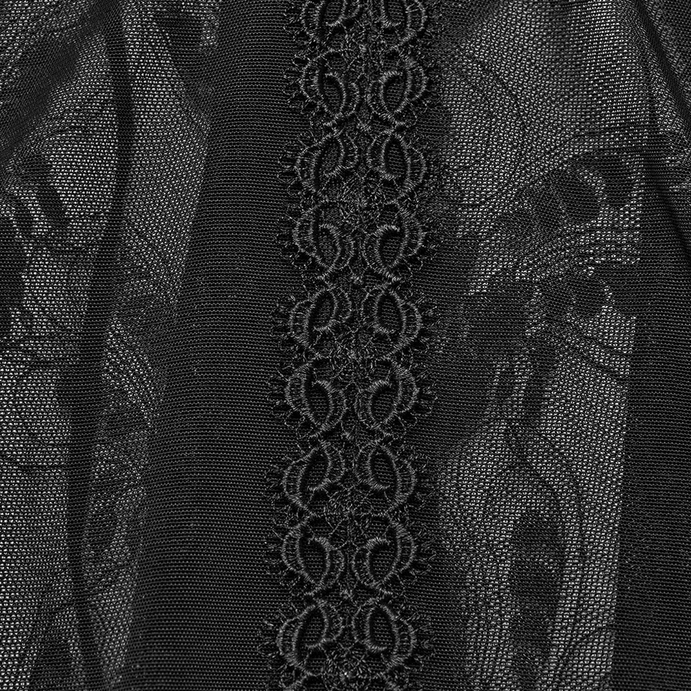 Intricate embroidered lace pattern on sheer mesh panel of black gothic fishtail maxi skirt