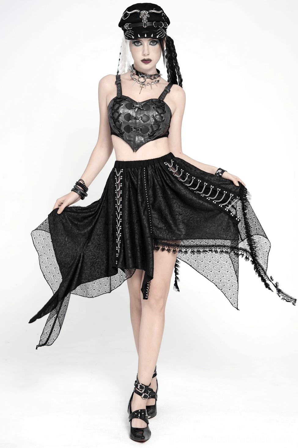 Black gothic lace asymmetric midi skirt product photography showcasing fitted construction and hem proportions