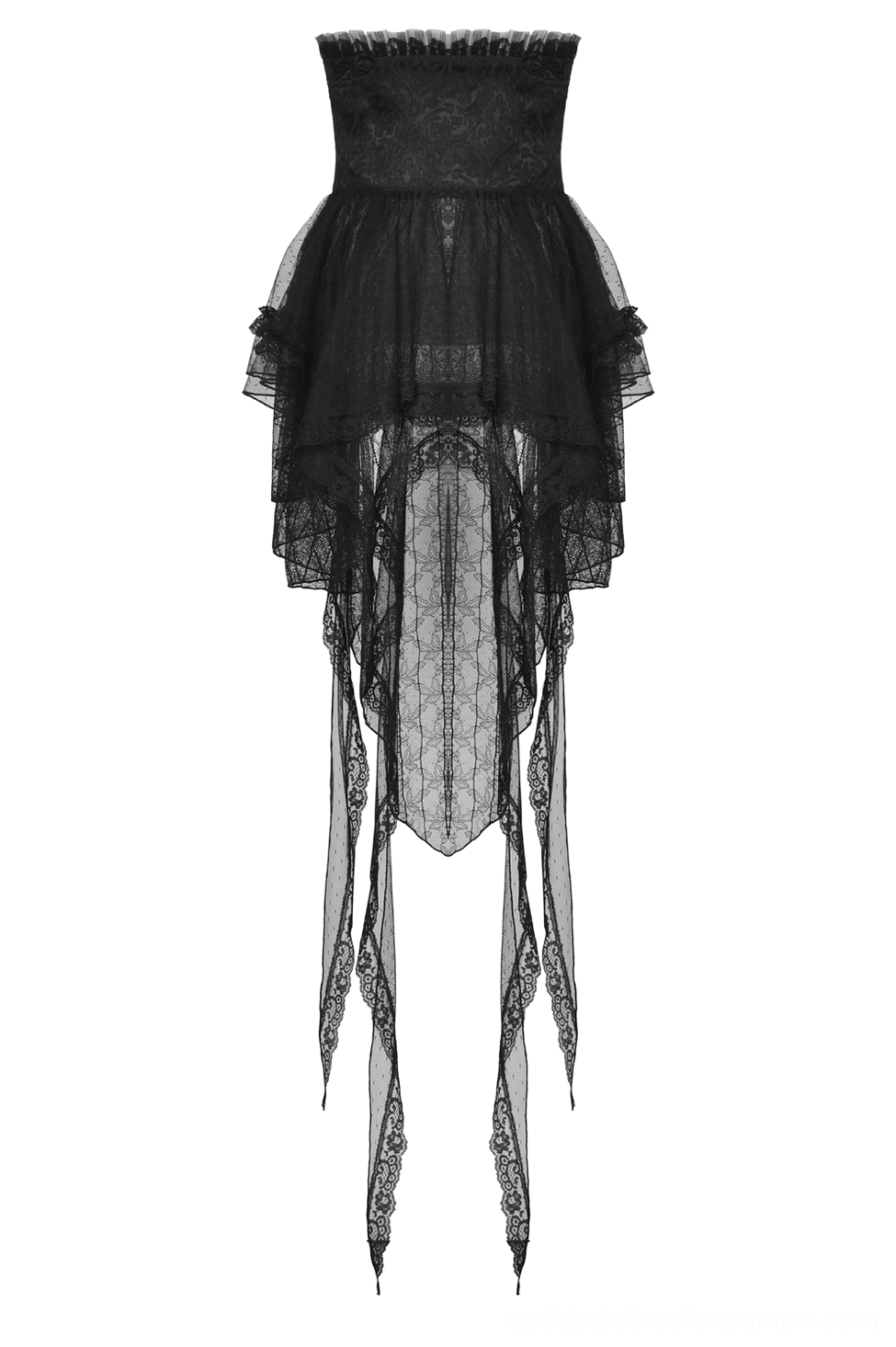Flat lay back view of black gothic lace skirt displaying sheer lace back panel and dangling lace strips