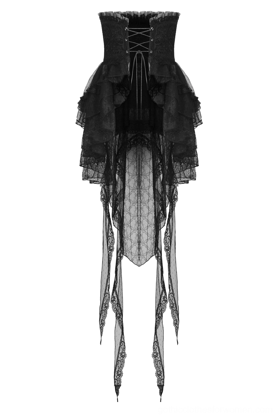 Flat lay of black gothic high-low lace skirt front display showing lace-up corset front and trailing lace panels