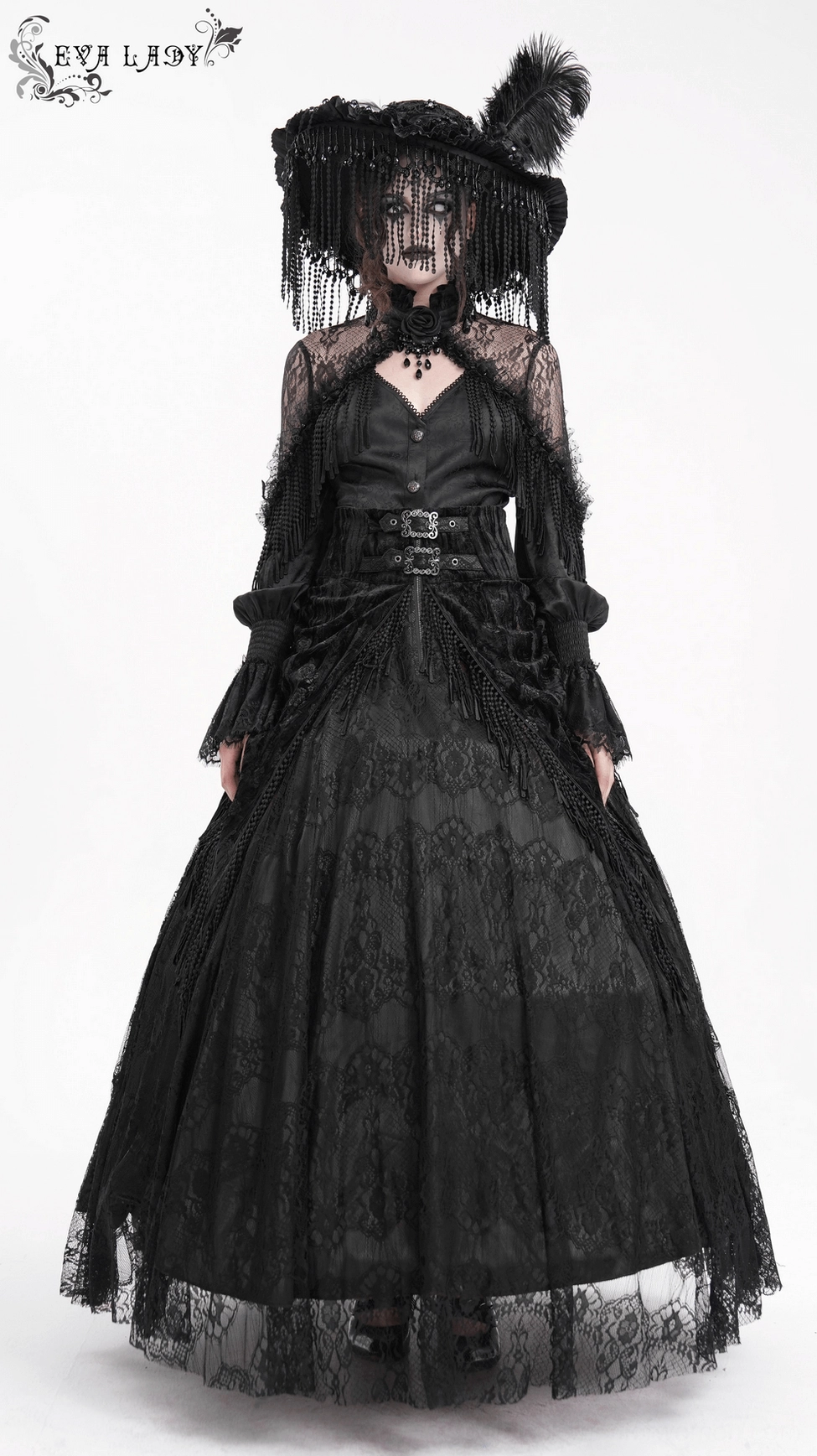 Black gothic lace skirt displaying delicate floral embroidery patterns across the fabric surface