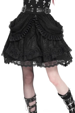 Gothic black ruffled lace layered skirt front three-quarter view with dual metal buckle belts and intricate scalloped lace trim