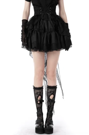 Black gothic high-low lace skirt front view with tiered ruffled hem and lace-up corset waist detail
