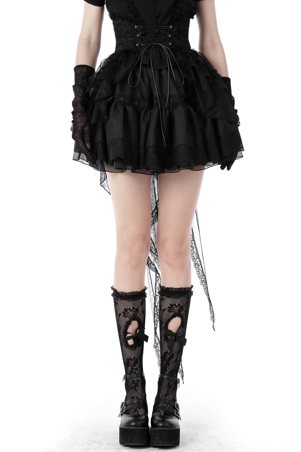 Black gothic high-low lace skirt front view with tiered ruffled hem and lace-up corset waist detail