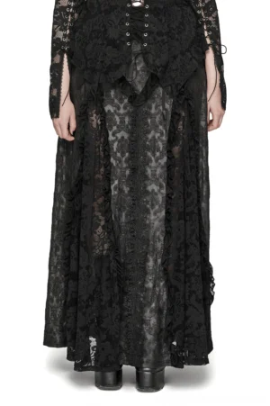 Black Victorian gothic lace long skirt front full-body view with inverted triangle splicing and sheer damask lace panels