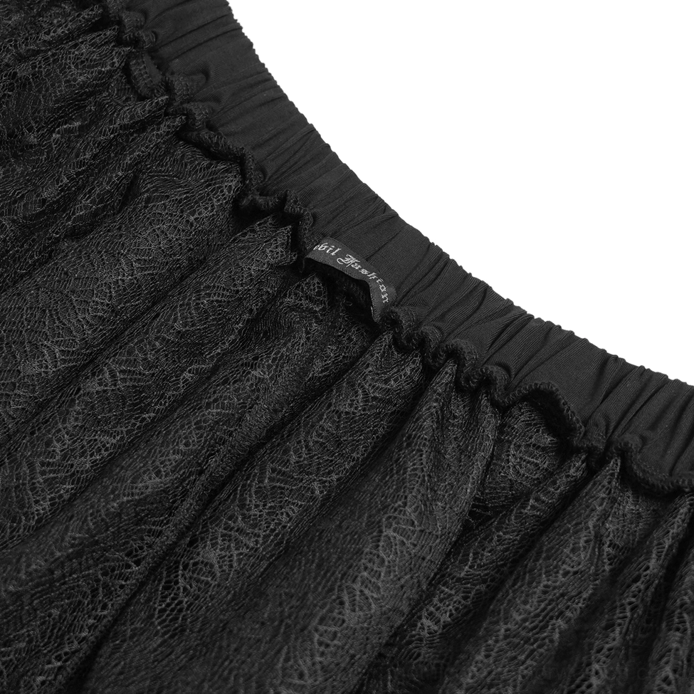 Black gothic lace midi skirt product shot emphasizing asymmetric handkerchief hem and chain trim details