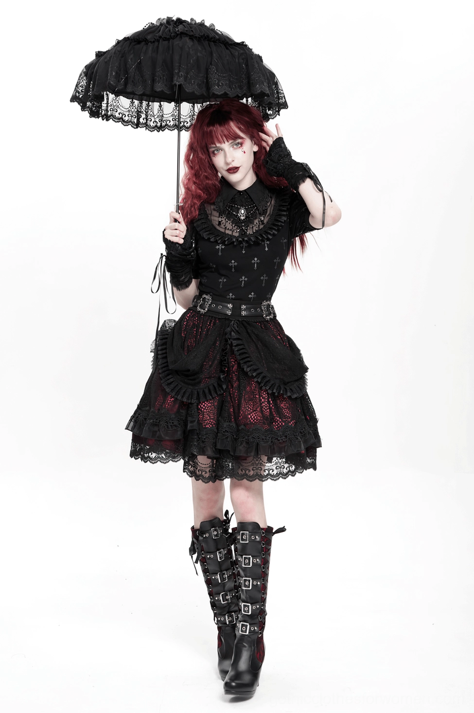 Gothic lace skirt high waist design with metal buckle belt detail and layered black lace ruffles
