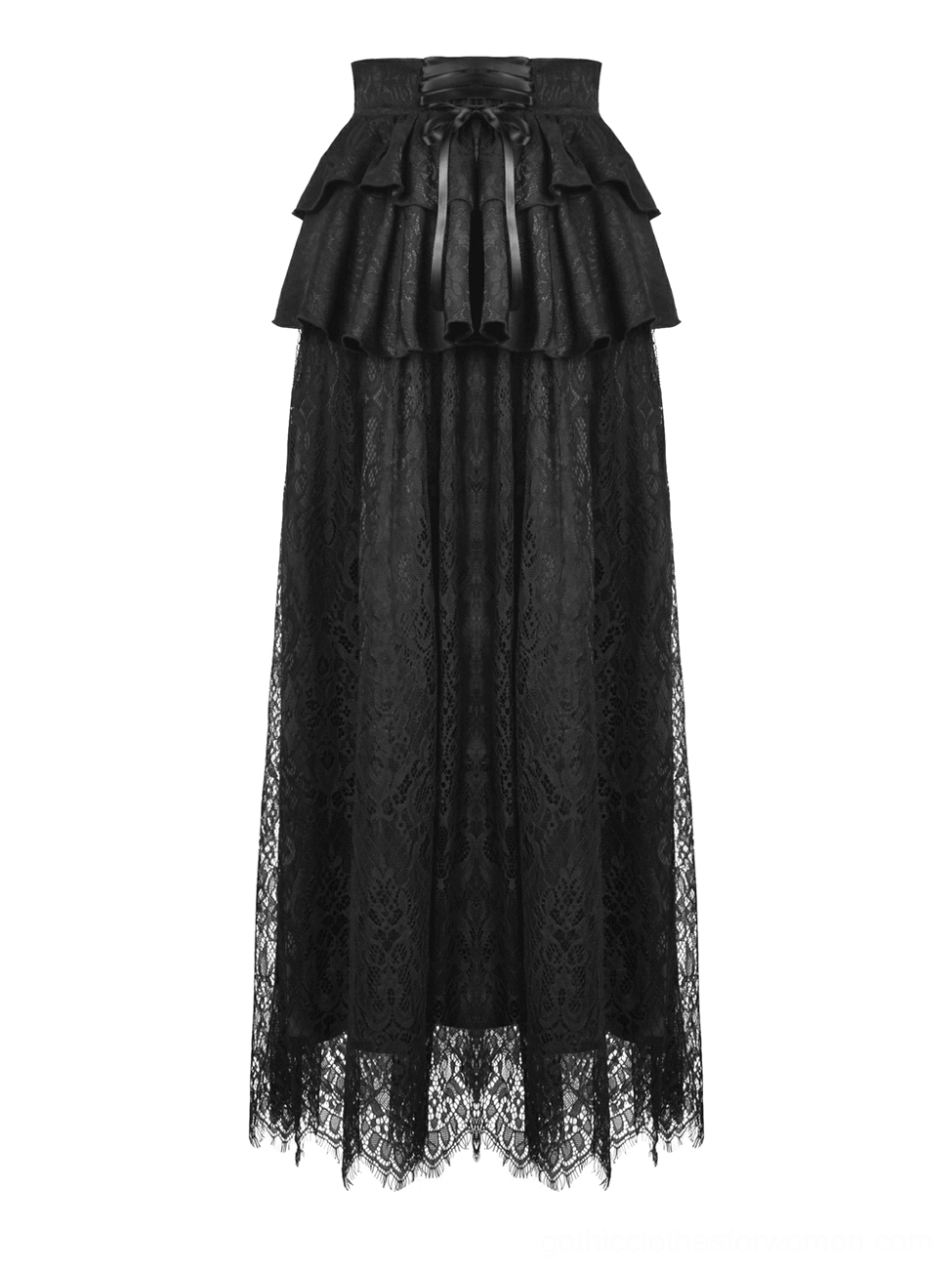Black high-waisted gothic lace maxi skirt with satin ribbon bow and ruffled peplum detail
