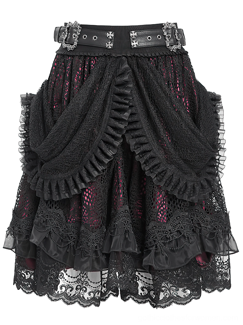 Flat lay of black lace gothic skirt with ornate metal buckle belt and scalloped lace hem detail