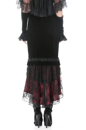 Gothic mermaid skirt rear view displaying lace-up corset back and ruffled high-low hemline