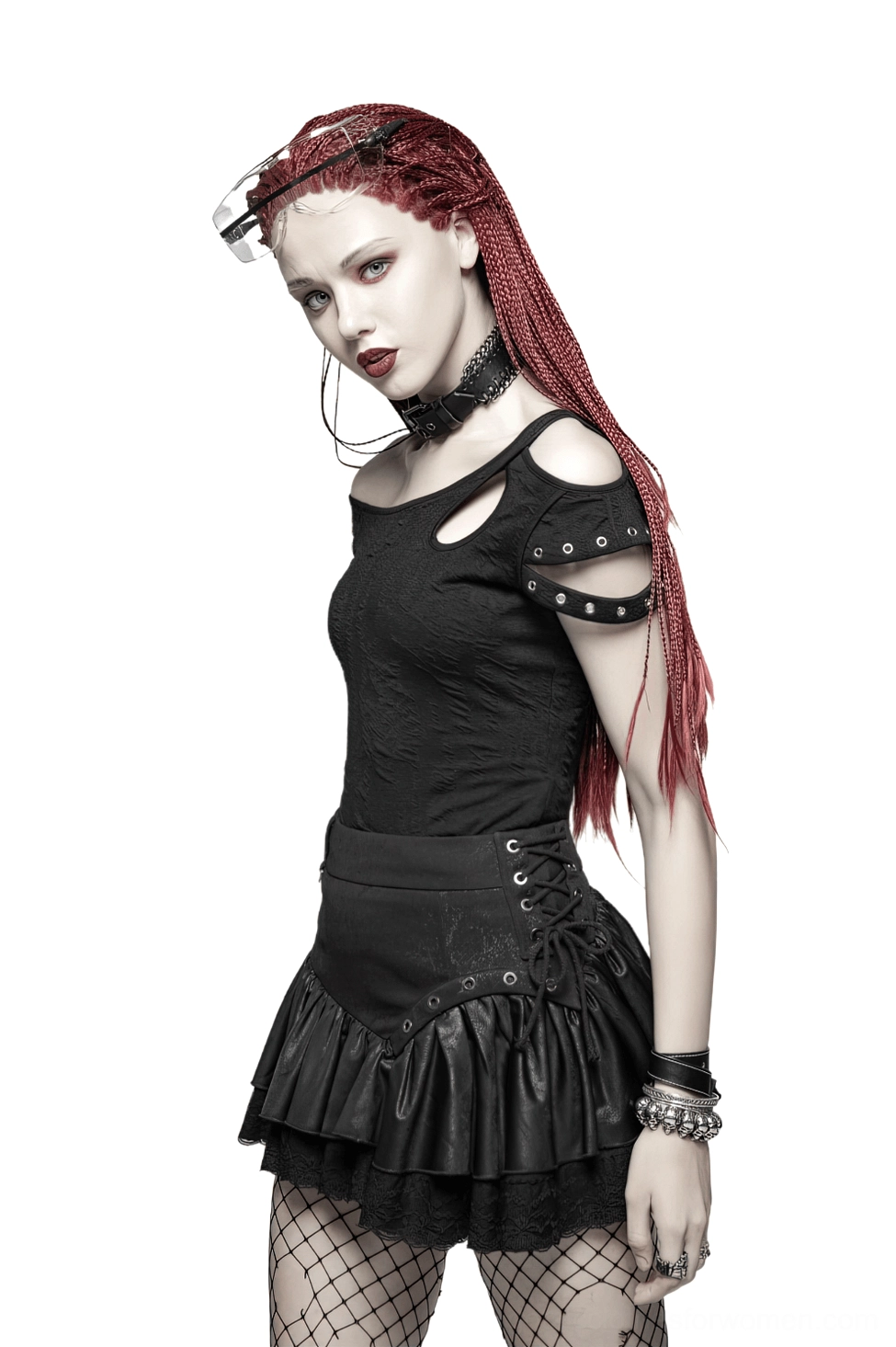 Black gothic lace ruffle mini skirt detail view emphasizing romantic goth aesthetic and fabric composition