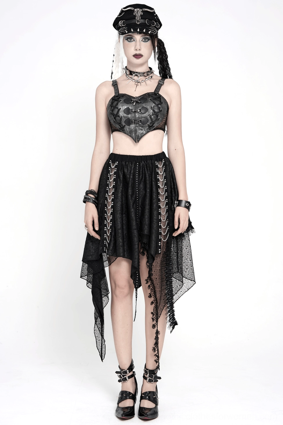Black gothic lace asymmetric midi skirt close-up of sheer lace panel and ruffled hem detail
