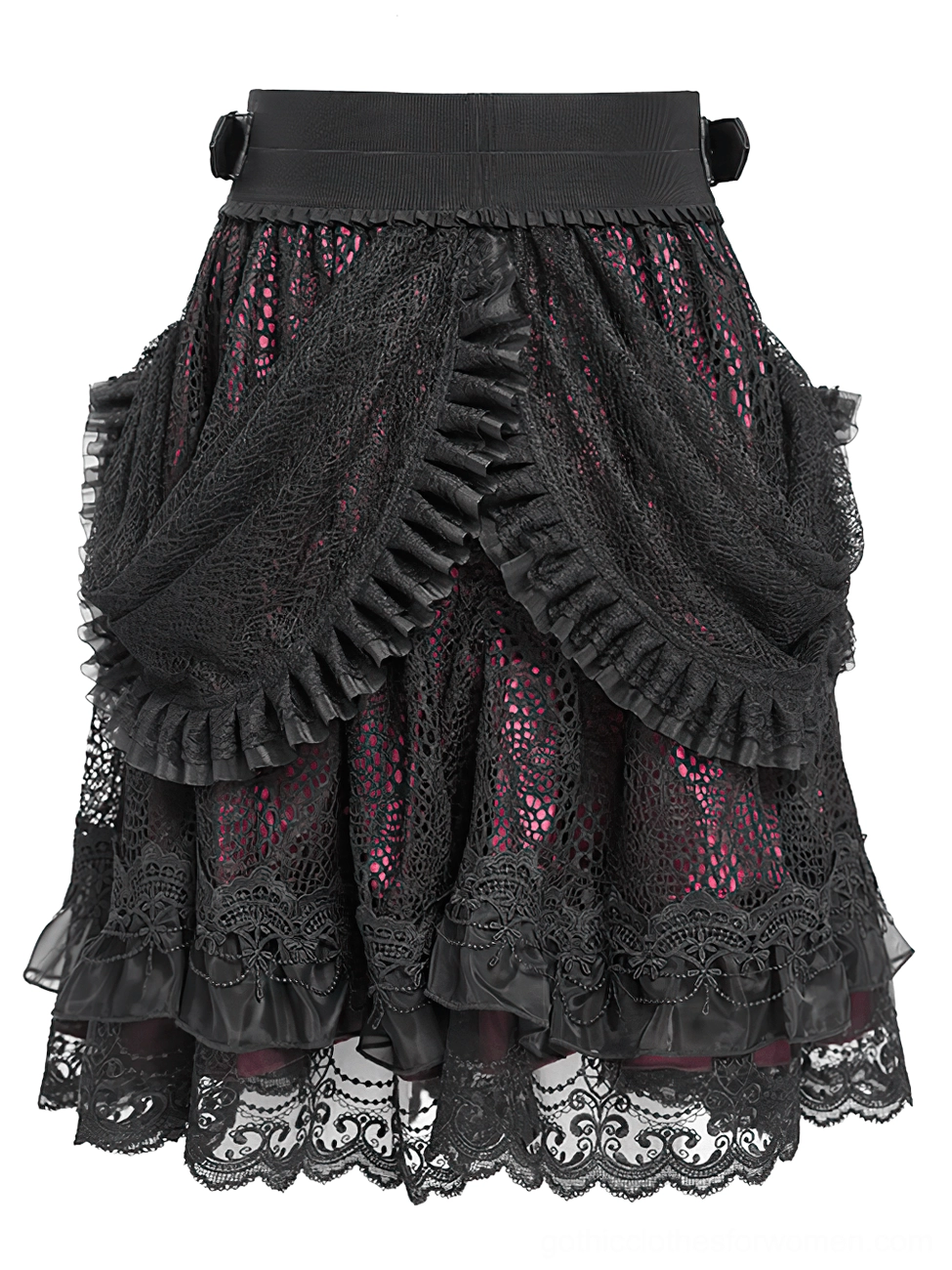 Side profile of black gothic lace skirt with elastic waistband and visible crimson red inner fabric lining