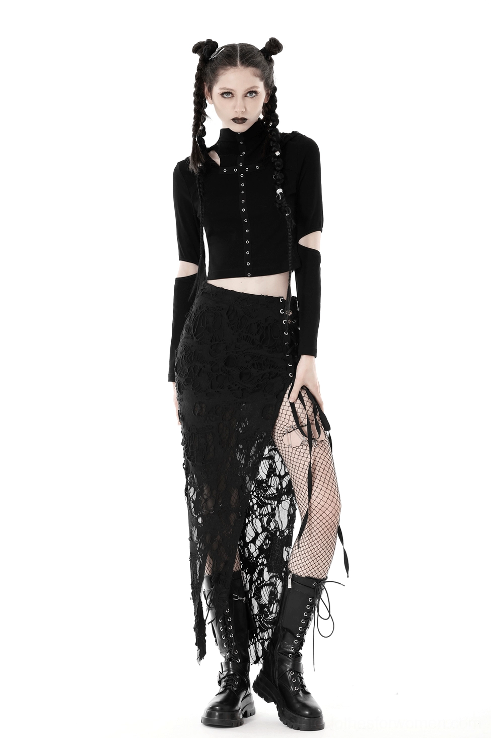 Black gothic side-laced skirt styled flat lay demonstrating versatile gothic fashion aesthetic and proportions