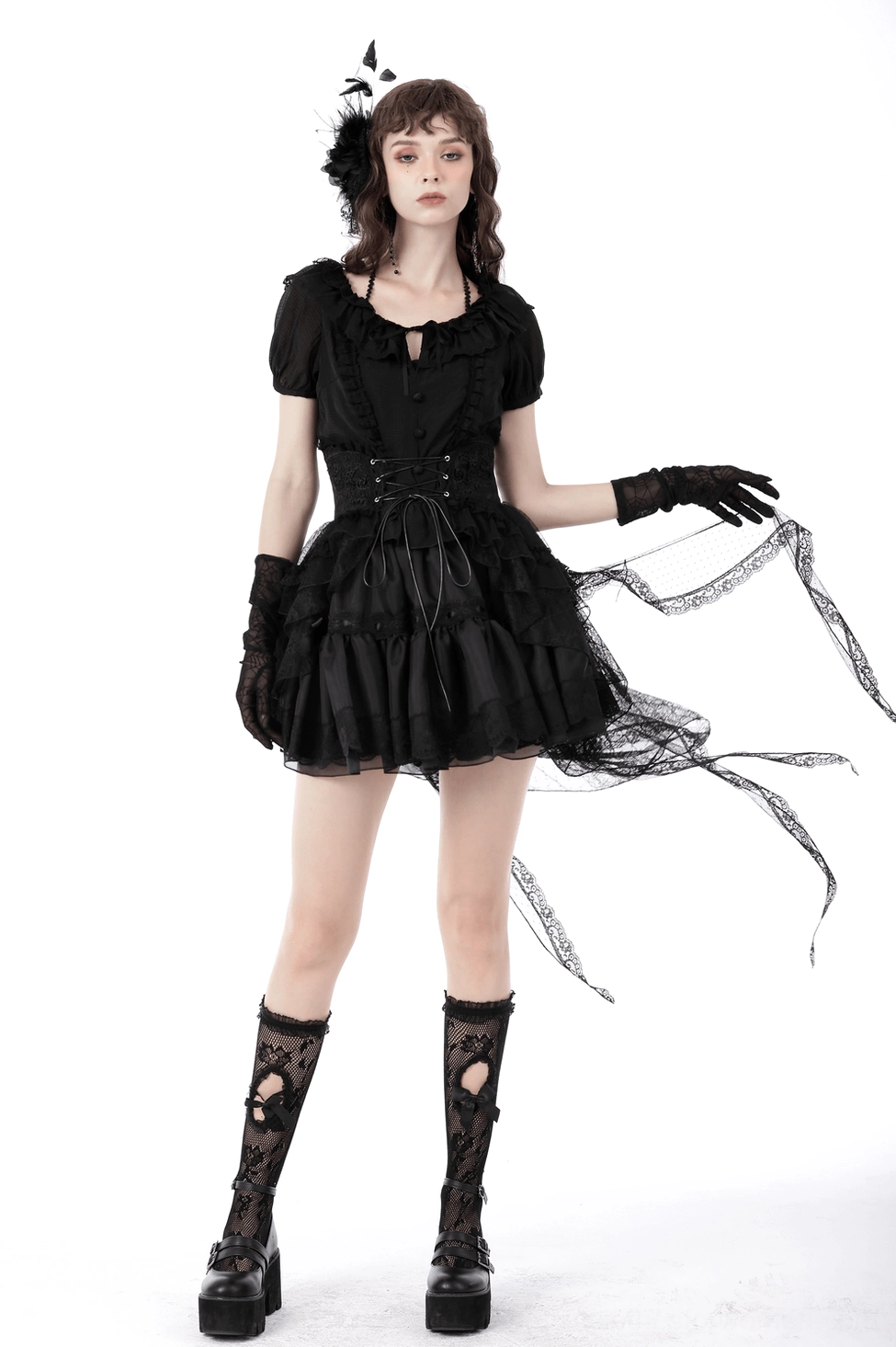 Black gothic lace skirt detail highlighting the delicate lace layers and tulle construction throughout