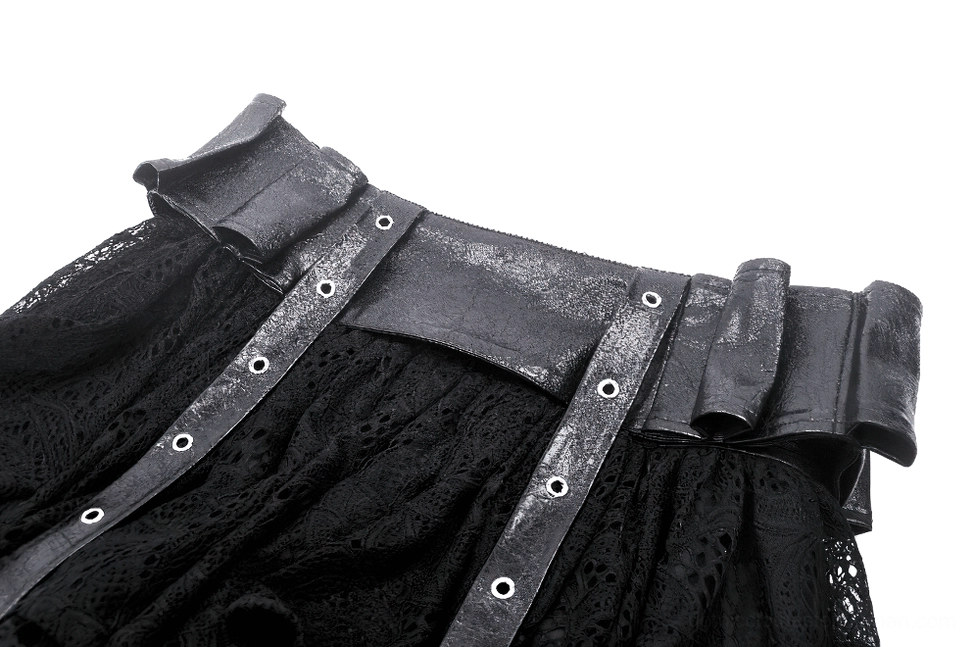 Black gothic skirt waistband detail showing faux leather belt with grommet straps and ruffled lace trim