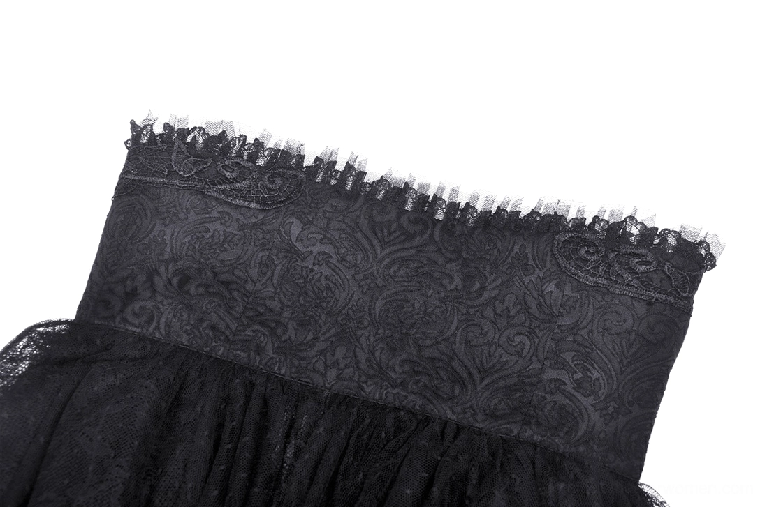 Side detail shot of gothic lace skirt waistband featuring damask lace fabric and frayed mesh edge