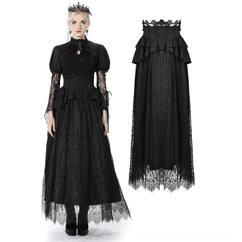 Black gothic lace maxi skirt with satin ribbon bow waist paired with puffed sleeves and high neckline
