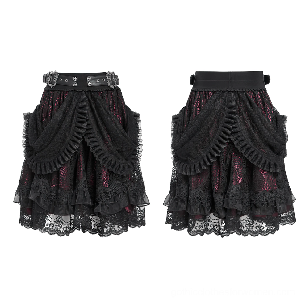 Flat lay comparison of two black lace gothic skirts with matching punk metal buckle belts and red inner linings