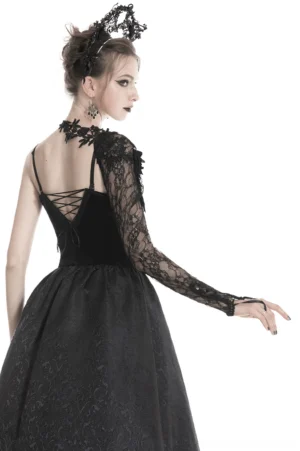Black lace sleeve accessory paired with gothic backless dress, rear view showing crisscross lace-up back design