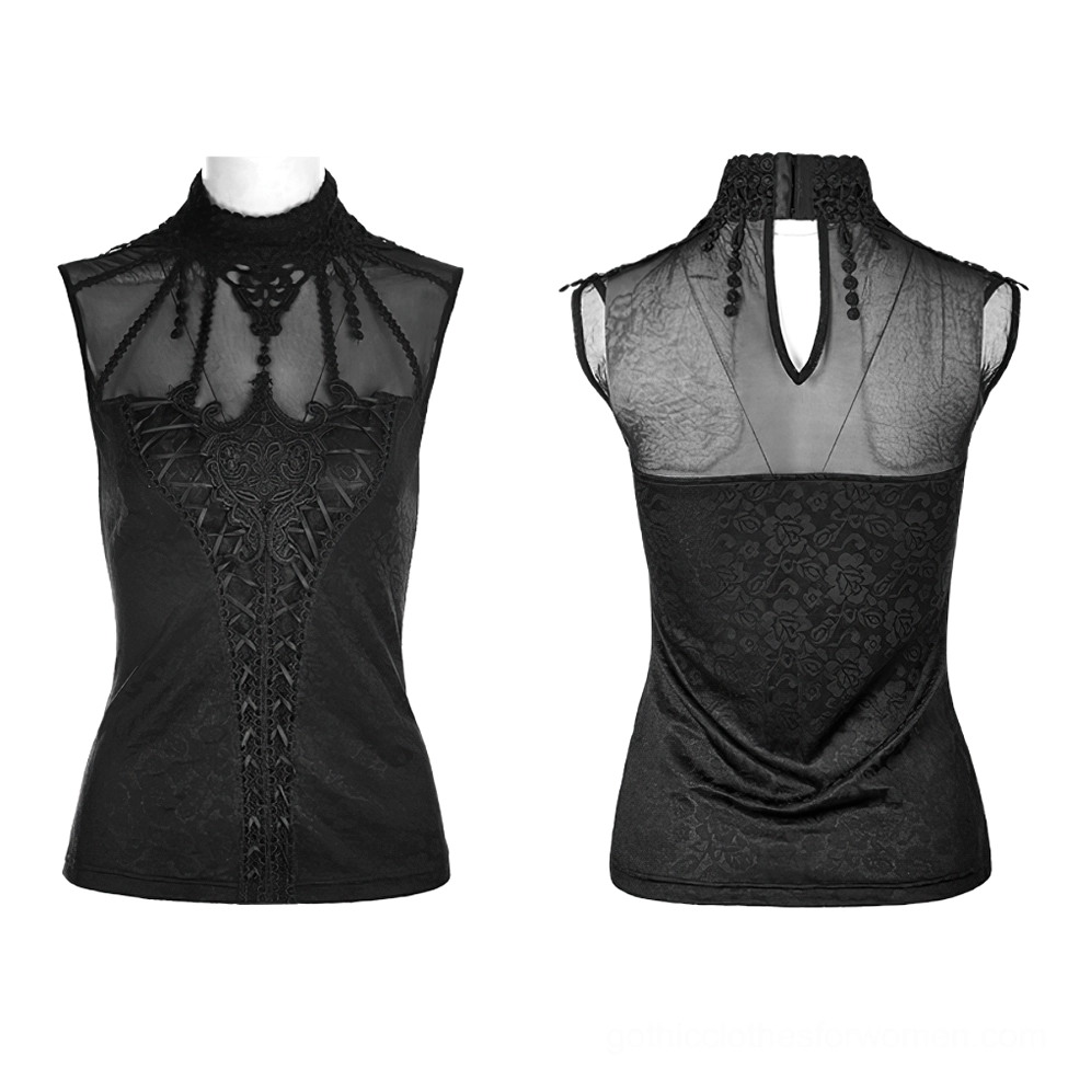 Black victorian gothic lace tank top displayed on mannequin showing front and back design split view, high collar and keyhole cutout details