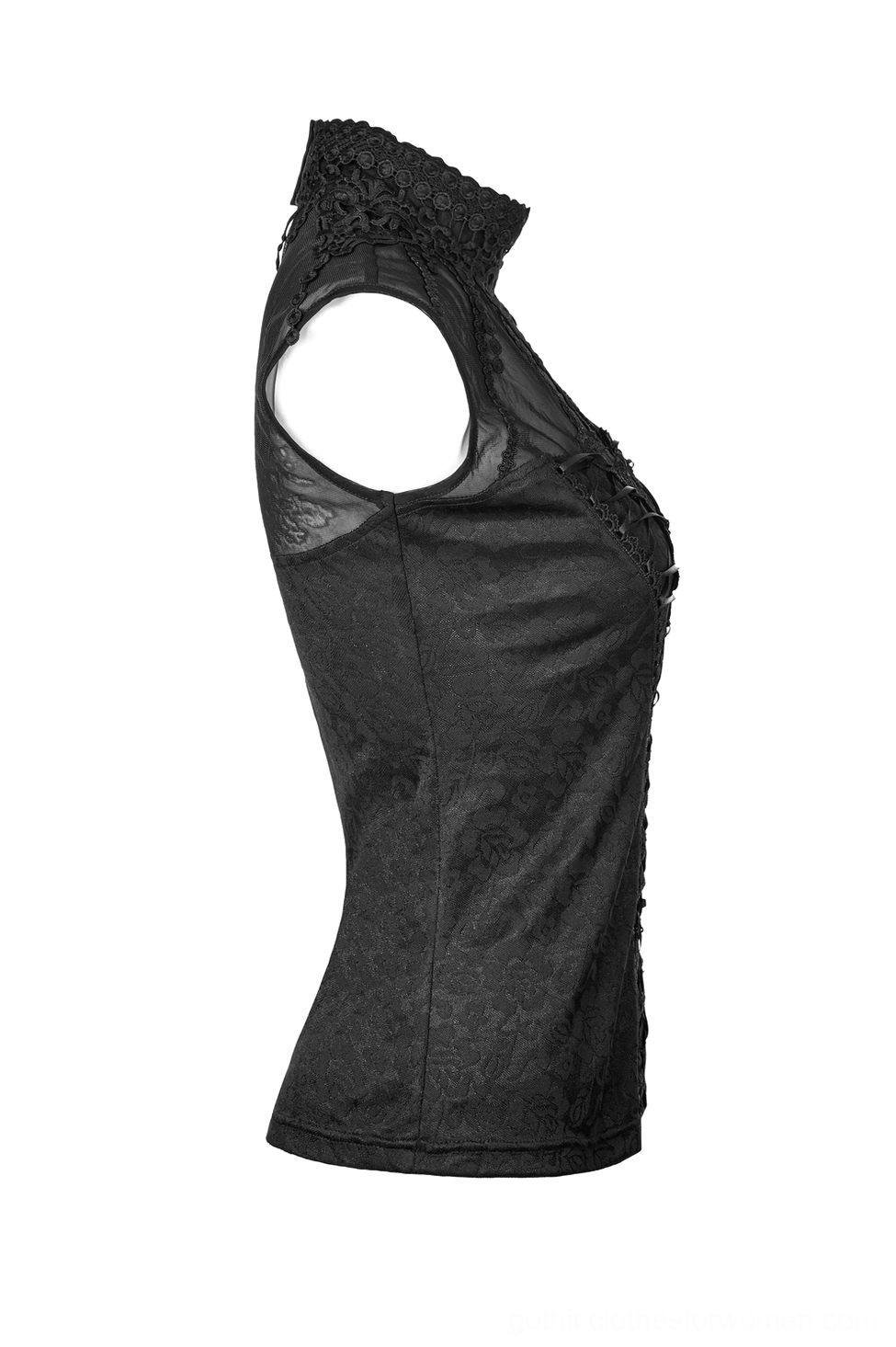 Left side profile view of fitted black gothic lace tank top on mannequin showing slim fit silhouette and knitted jacquard textured fabric
