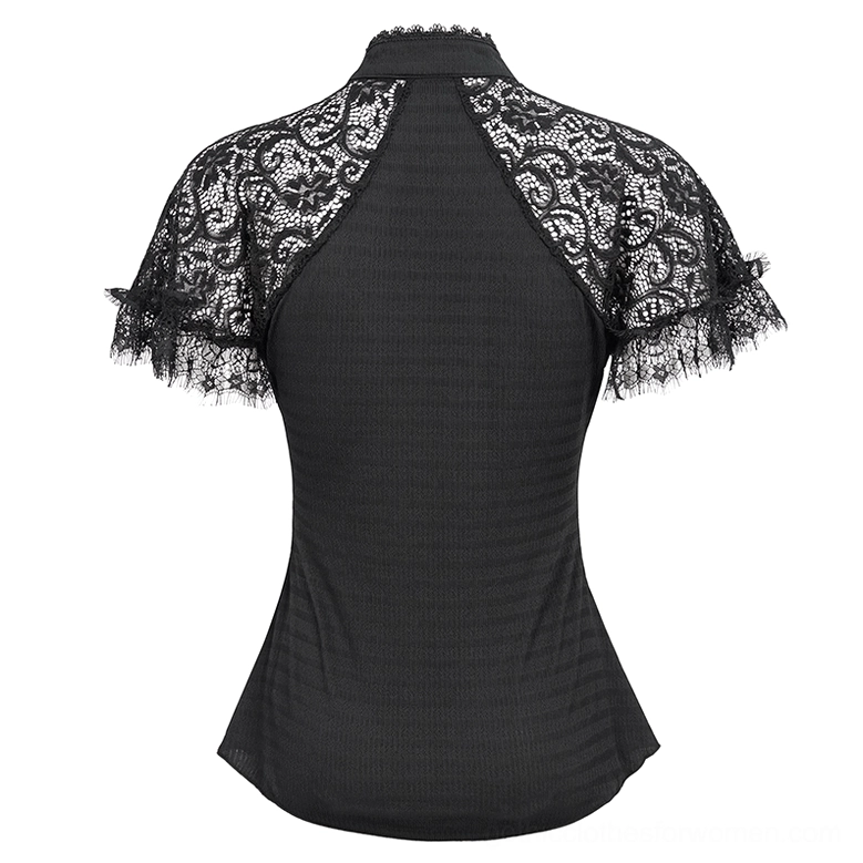 Black gothic lace raglan t-shirt back flat display showing striped back fabric and raglan sleeves