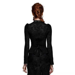 Black gothic lace top back view showing corset-inspired lace-up waist detail and ruffled shoulders