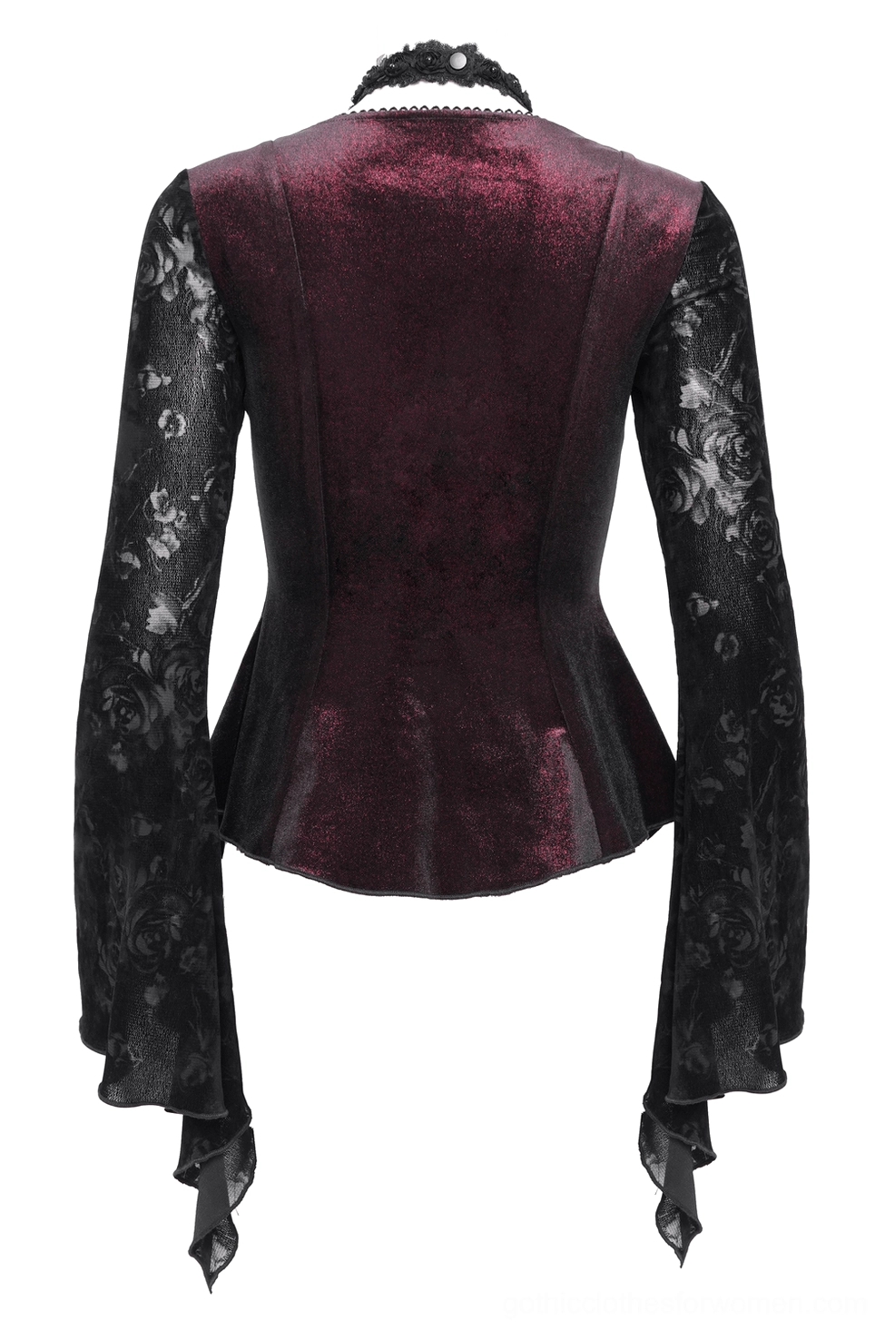 Gothic lace bell sleeve top back panel - wine-red velvet construction with fitted waist and flared lace sleeves on mannequin