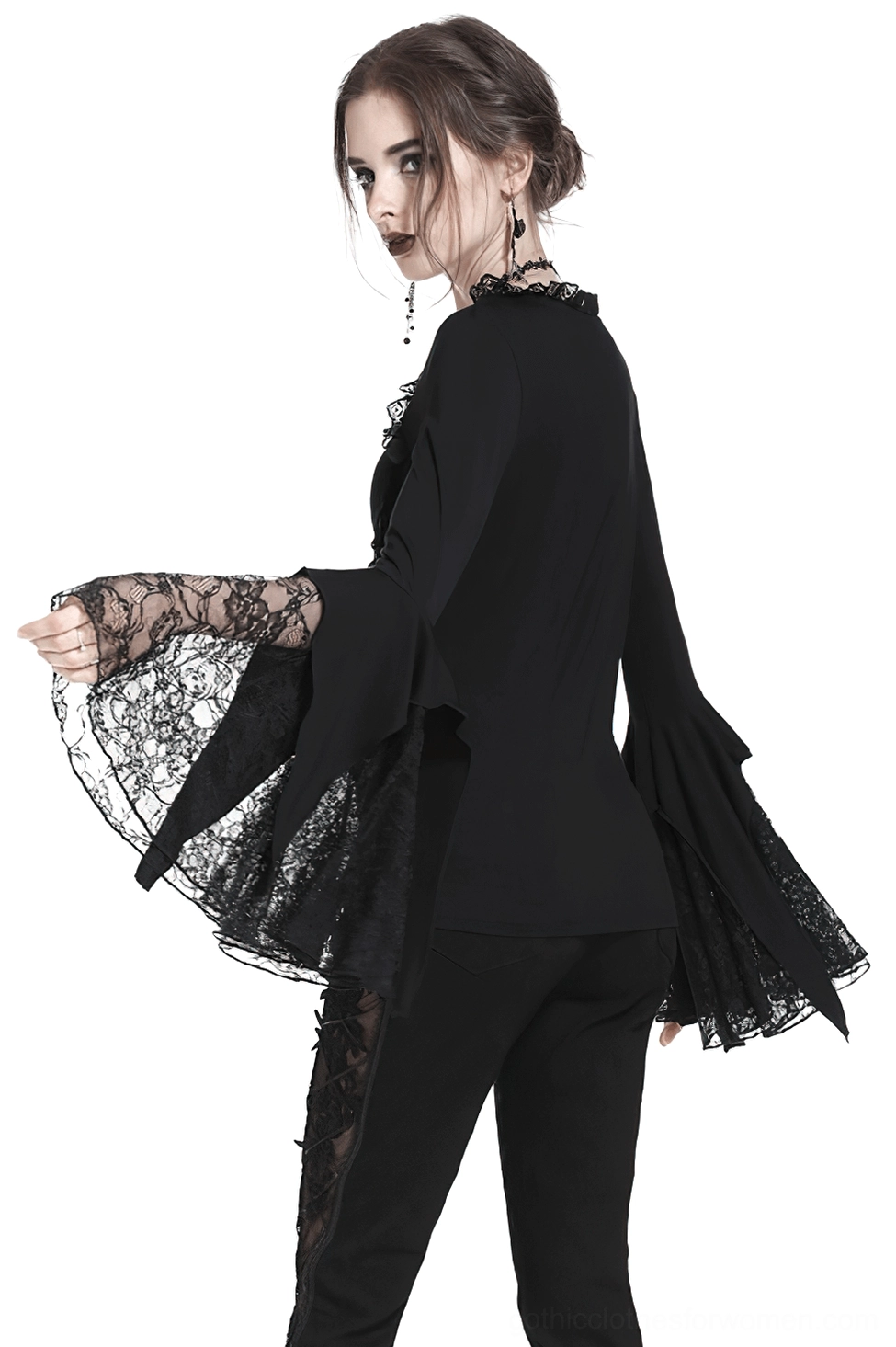 Back three-quarter view of Victorian gothic lace top showing layered bell sleeves and ruffled neck trim