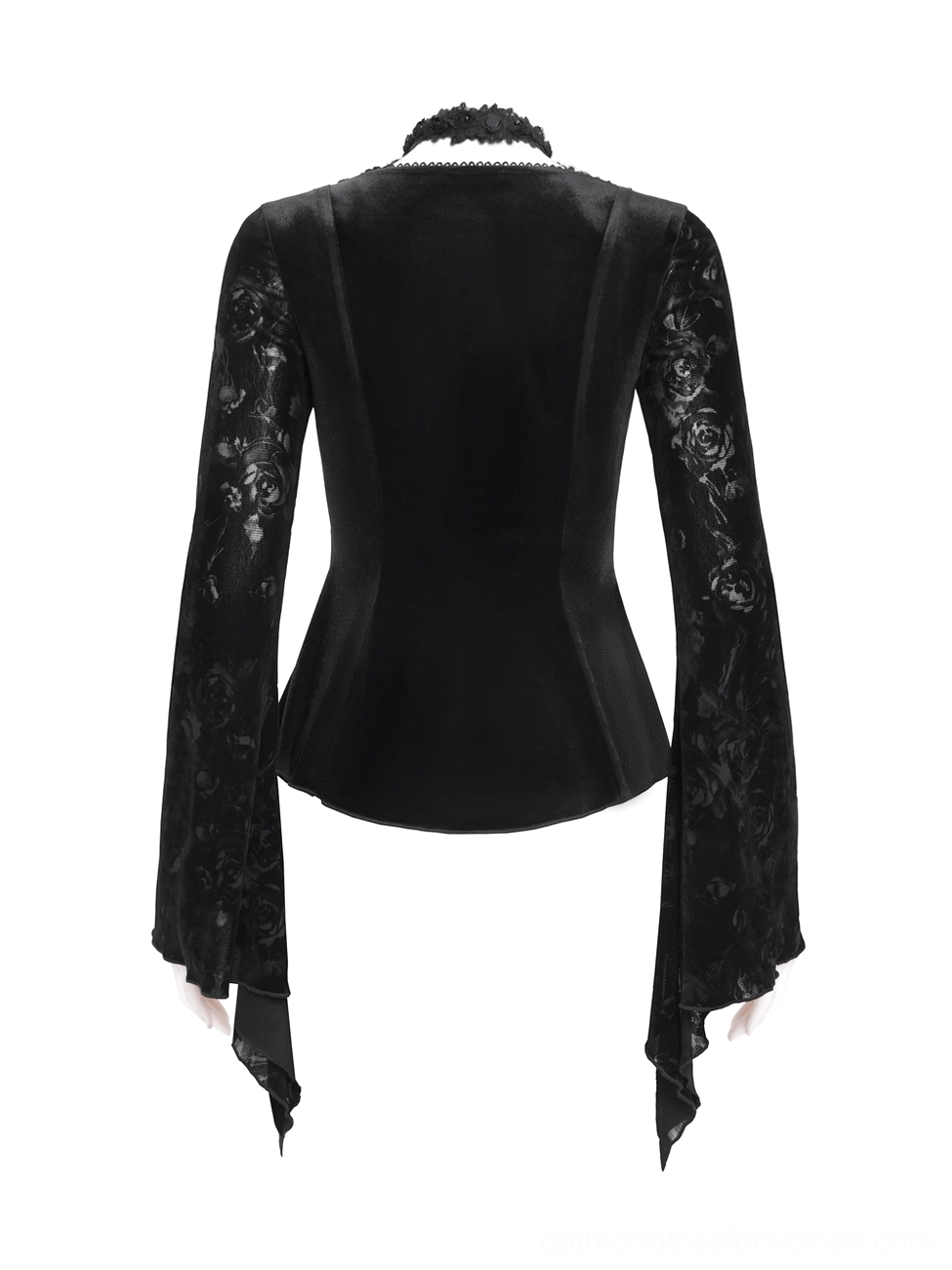 Black gothic long sleeve lace top rear view on mannequin showing solid velvet back with delicate sleeve lace