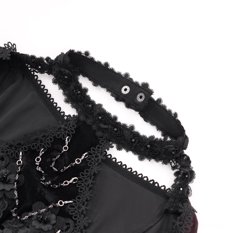 Gothic lace rose top - close-up detail of collar showing lace trim, rose appliqués, metal chain, and snap button fasteners