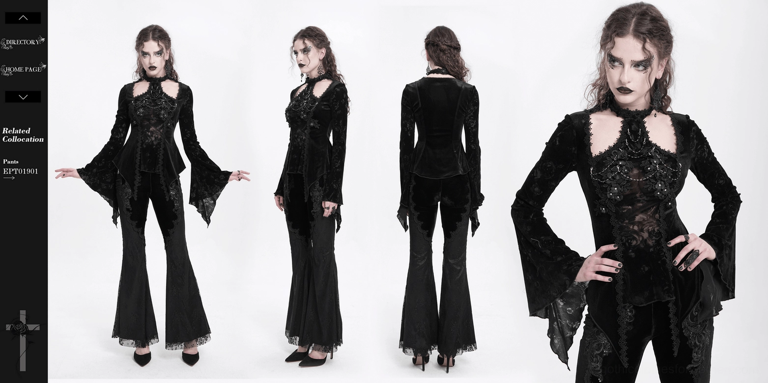 Black gothic long sleeve lace top showcasing complete silhouette with pearl embellishments and lace elements