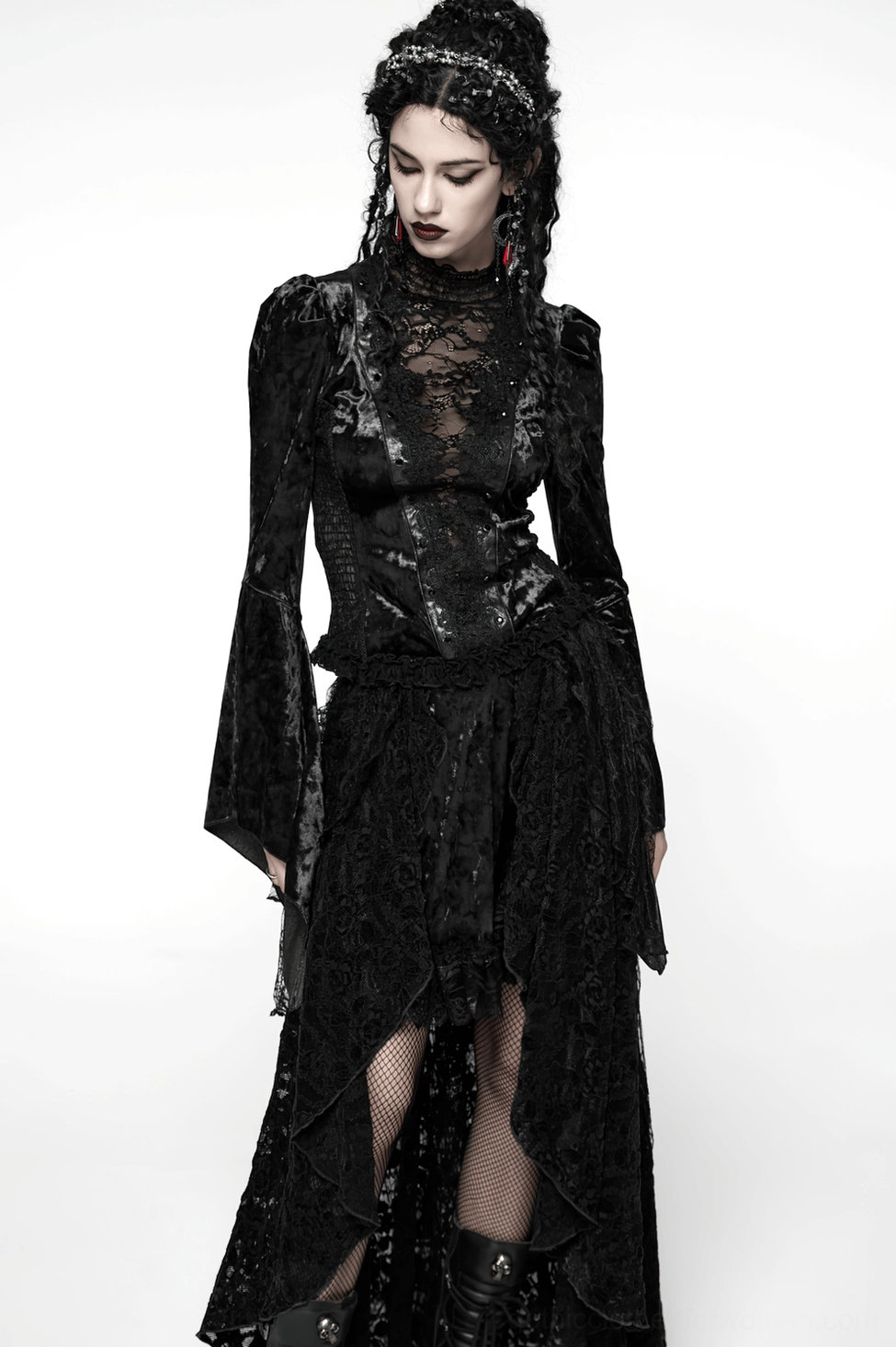 Detailed flat lay of black gothic lace top showing all construction elements including sleeves, neckline, back lacing, and trim work