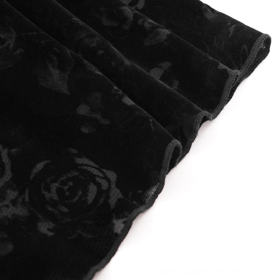 Black gothic lace long sleeve top detail shot showing embroidered lace paneling and pearl decorative elements