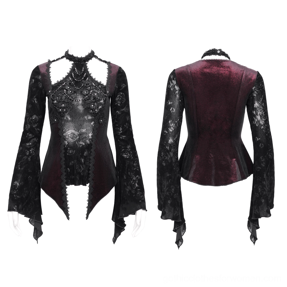 Gothic rose embellished lace bell sleeve top - front and back flat lay on mannequin showing halter neckline and sheer lace construction