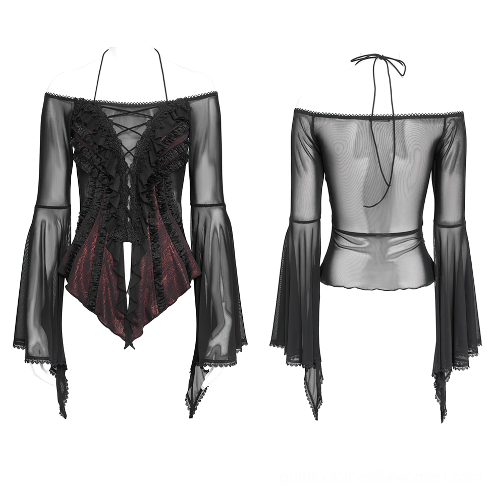 Black wine red gothic ruffle lace top dual front and back mannequin display with sheer bell sleeves