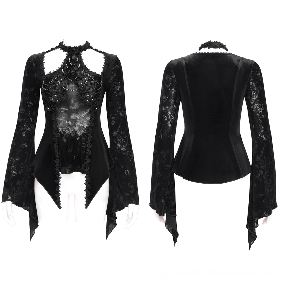 Gothic velvet lace top front and rear comparison on dress form showing halter neckline and asymmetric hem design