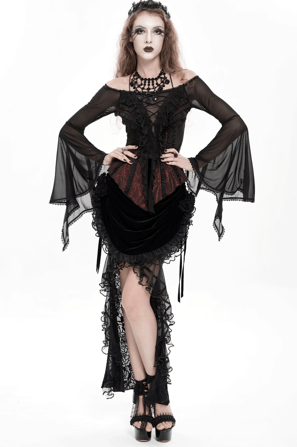 Off-shoulder gothic lace ruffle top full-length side view showing sheer sleeves and figure-hugging silhouette