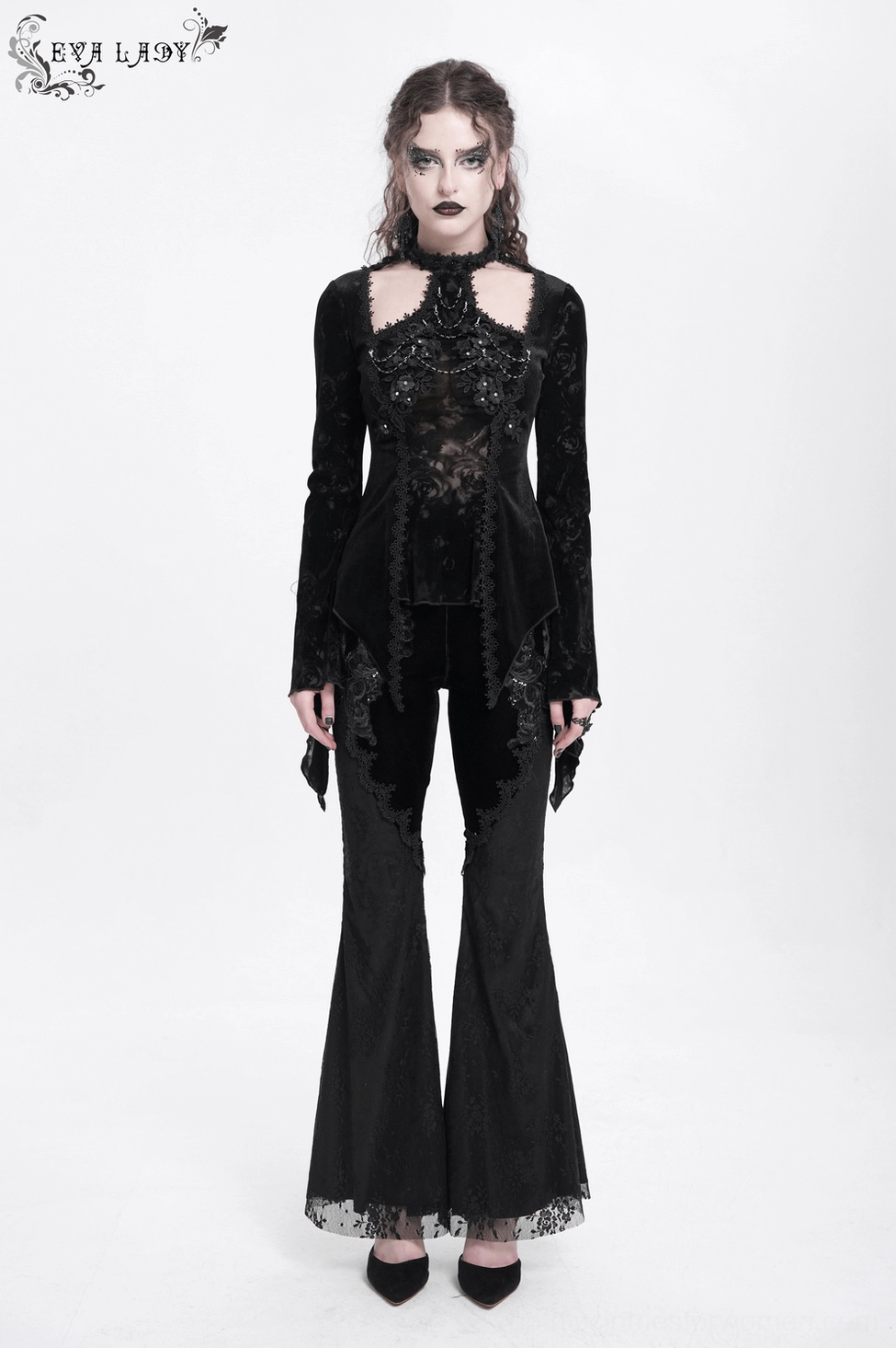 Black gothic lace top featuring pearl and rose details on halter neckline with dark romantic aesthetic