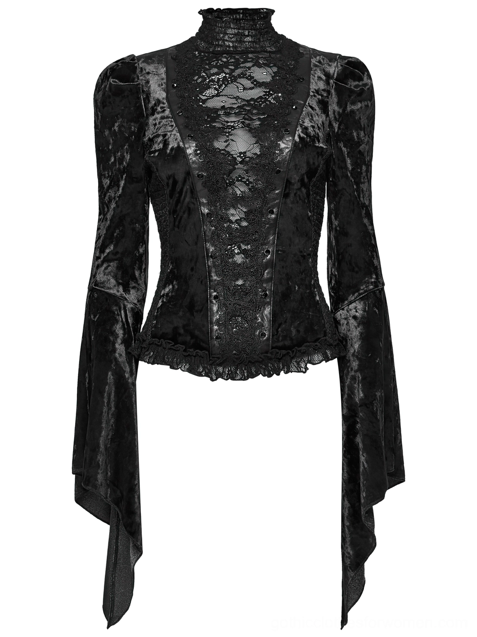 Front flat lay detail of black gothic velvet lace top highlighting handkerchief-style flared sleeves, lace front panel, and fitted waist