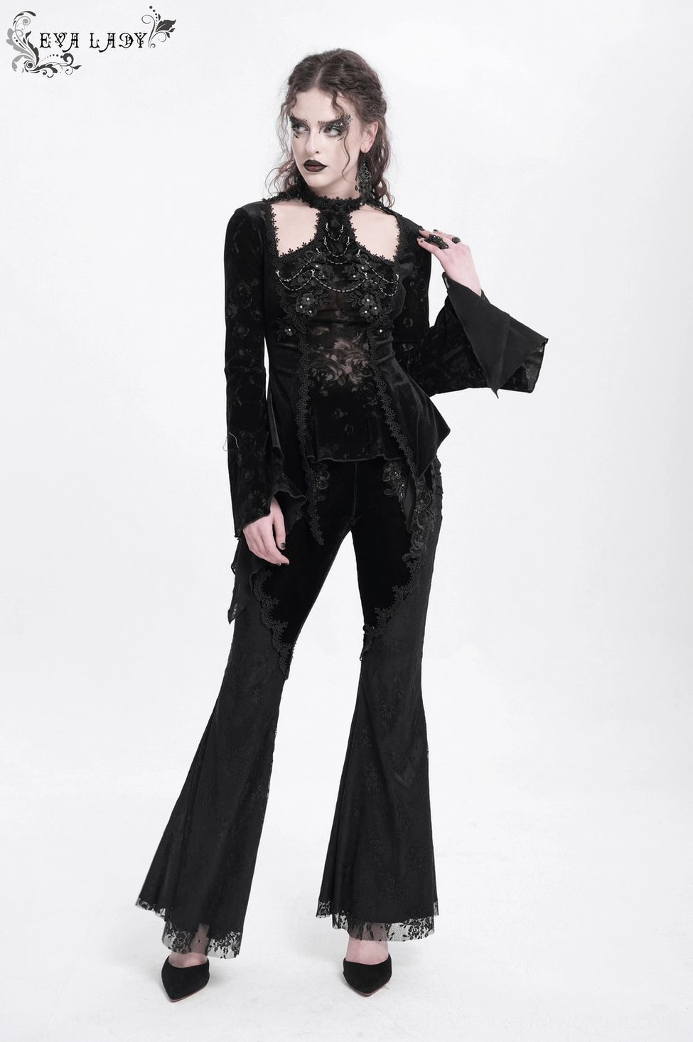 Black gothic velvet lace top layering style inspiration showing alternative fashion coordination