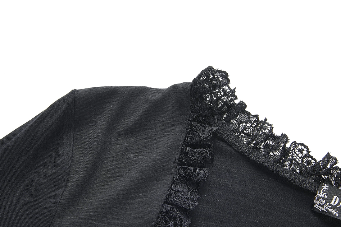 Side close-up of ruffled lace neck edge and black stretch fabric on gothic romantic top