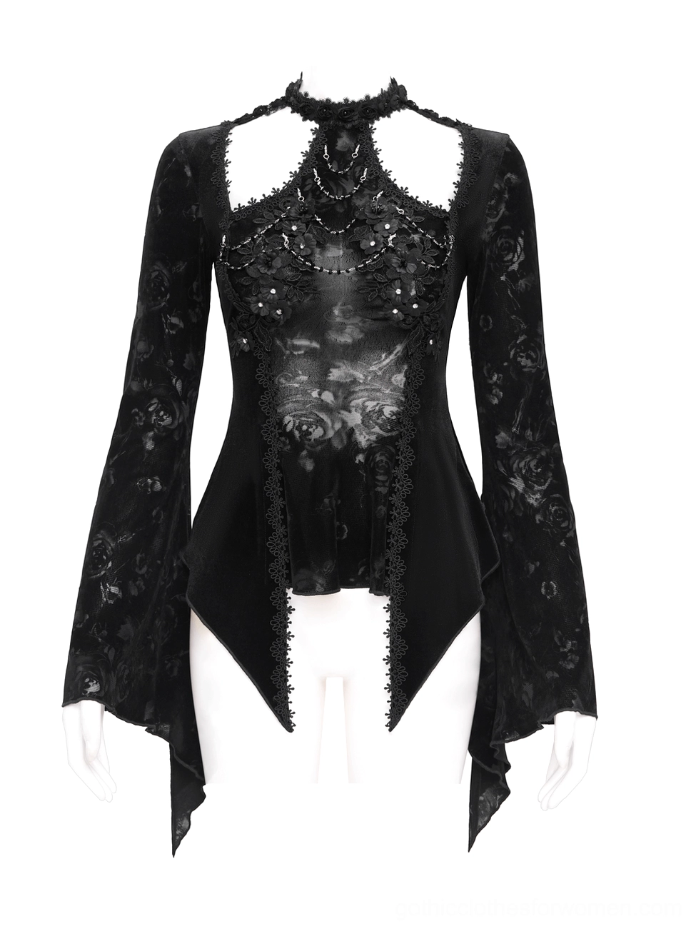 Black gothic embellished lace top front close-up showing pearl and chain decorations with sheer floral panel