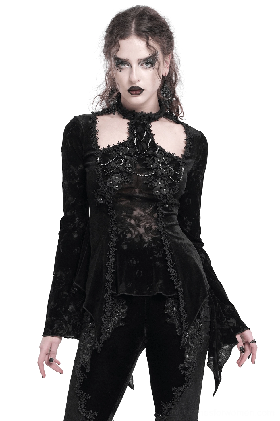 Black velvet gothic lace top with pearl embellishments - front view on model showing halter neck and asymmetric hemline